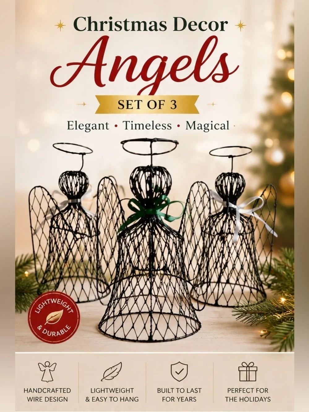Wire Mesh Christmas Angels Set of 3 Black Metal Holiday Decor